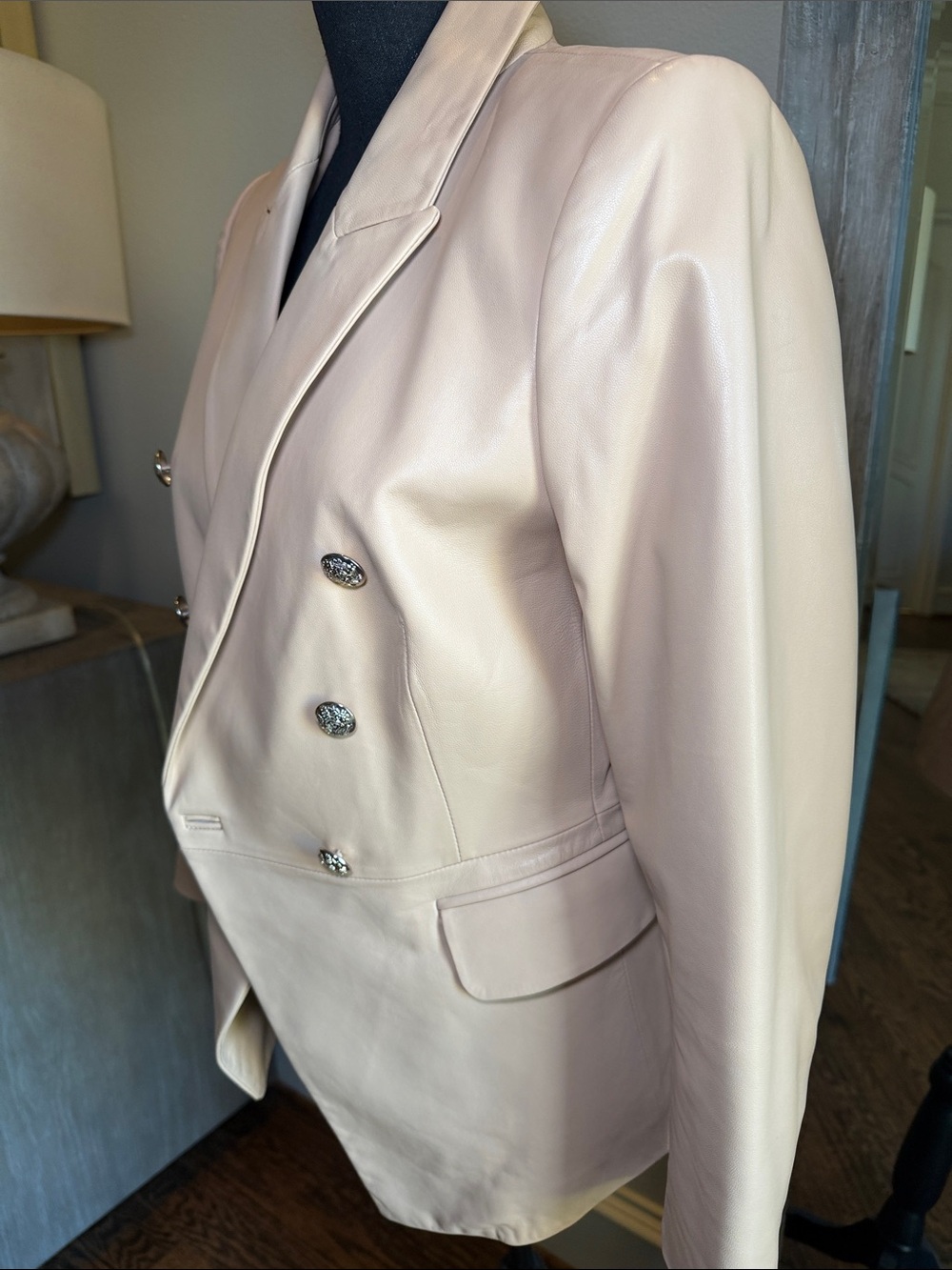 Leather Double-Breasted Blazer in Pale Rose - Picture 4 of 8
